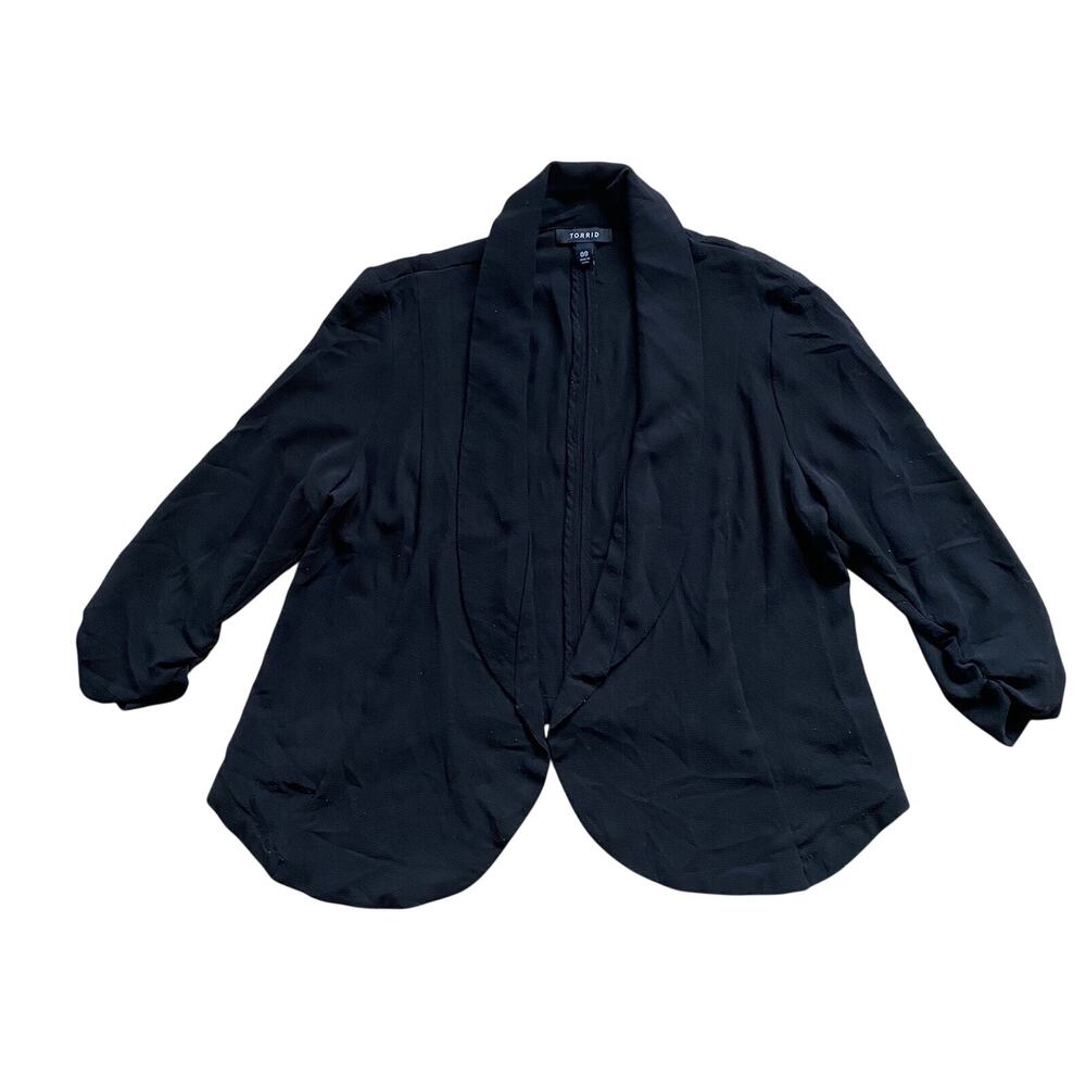 Torrid Blazer Cardigan 3/4 Ruched Sleeve Open Front Black Womens Size 00 M/L